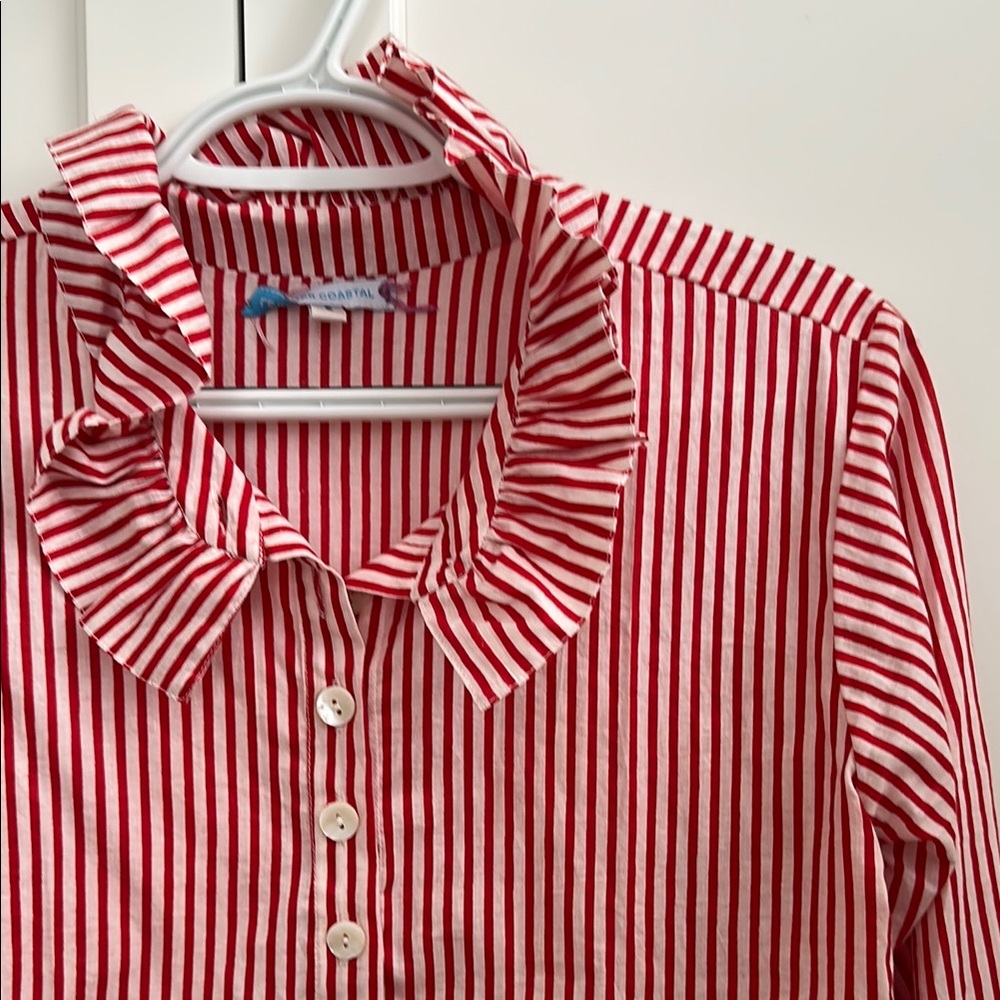 Striped Red & White Ruffle Collar Blouse